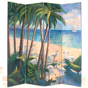 Benzara Wooden 4 Panel Room Divider with Beach Print, Multicolor BM213503 Multicolor Wood BM213503