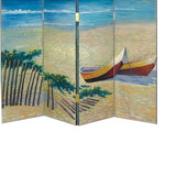 Benzara Wooden 4 Panel Room Divider with Coastal Print, Multicolor BM213505 Multicolor Wood BM213505