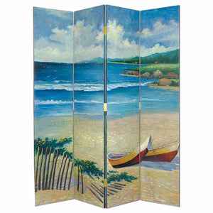 Benzara Wooden 4 Panel Room Divider with Coastal Print, Multicolor BM213505 Multicolor Wood BM213505