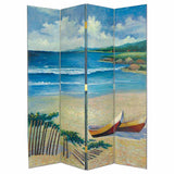 Benzara Wooden 4 Panel Room Divider with Coastal Print, Multicolor BM213505 Multicolor Wood BM213505