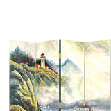 Benzara Wooden 4 Panel Room Divider with Landscape Scene, Multicolor BM213508 Multicolor Wood BM213508