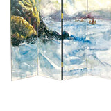 Benzara Wooden 4 Panel Room Divider with Landscape Scene, Multicolor BM213508 Multicolor Wood BM213508