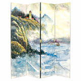 Benzara Wooden 4 Panel Room Divider with Landscape Scene, Multicolor BM213508 Multicolor Wood BM213508