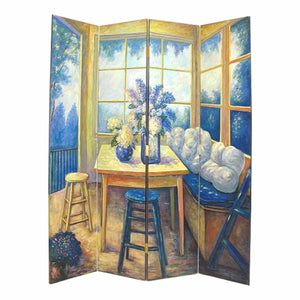 Benzara Wooden 4 Panel Room Divider with Den Interior Scene, Multicolor BM213509 Multicolor Wood BM213509