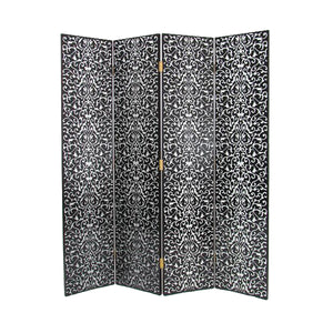 Benzara Wooden 4 Panel Room Divider with Scrolling Motifs, Black and Silver BM213512 Black and Silver Wood BM213512