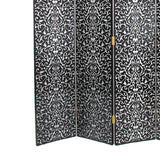 Benzara Wooden 4 Panel Room Divider with Scrolling Motifs, Black and Silver BM213512 Black and Silver Wood BM213512