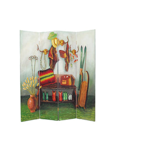 Benzara Wooden 4 Panel Room Divider with Cowboy Stuff Pictures, Multicolor BM213513 Multicolor Wood BM213513