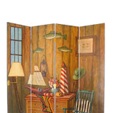 Benzara Wooden 4 Panel Room Divider with Sea and Marine Life Theme, Multicolor BM213514 Multicolor Wood BM213514