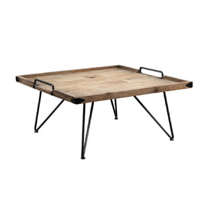 Benzara Rectangular Tray Top Wooden Coffee Table with Hairpin Legs, Brown and Black BM214007 Brown and Black Metal and Solid Wood BM214007