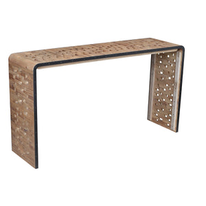 Benzara Upside U Shape Rectangular Top Console Table with Cut Outs, Natural Brown BM214013 Brown Solid Wood and Metal BM214013