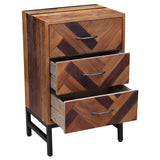 Benzara Plank Style 3 Drawers Wooden Nightstand with Tubular Legs, Brown and Black BM214017 Brown and Black Solid Wood and Metal BM214017