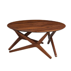 Benzara Round Wooden Adjustable Table with Boomerang Legs, Brown BM214021 Brown Solid Wood BM214021