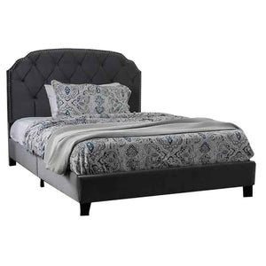 Benzara Fabric Queen Size Bed with Camelback Headboard and Nailhead Trim, Gray BM214053 Gray Solid wood, Veneer BM214053