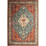 Benzara 90 X 63 Inch Fabric Rug with Tribal Pattern and Jute Backing, Red and Blue BM214123 Red, Blue Fabric BM214123