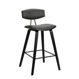 Bar Height Wooden Bar Stool with Curved Leatherette Seat, Black and Gray