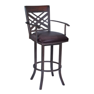 Benzara 26 Inch Metal Swivel Bar Stool with Armrests and Leatherette Seat, Brown BM214643 Brown Metal and Leatherette BM214643