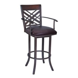 Benzara 30 Inch Metal Swivel Bar Stool with Armrests and Leatherette Seat, Brown BM214644 Brown Metal and Leatherette BM214644
