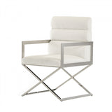 Leatherette Dining Chair with Stainless Steel Arms, White and Silver