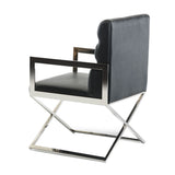 Benzara Leatherette Dining Chair with Stainless Steel Arms, Black and Silver BM214761 Black and Silver Metal and Faux Leather BM214761