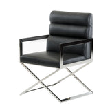 Benzara Leatherette Dining Chair with Stainless Steel Arms, Black and Silver BM214761 Black and Silver Metal and Faux Leather BM214761