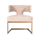 Benzara Fabric Upholstered Dining Chair with Brass Cantilever Base, Beige and Gold BM214764 Beige and Gold Metal and Fabric BM214764
