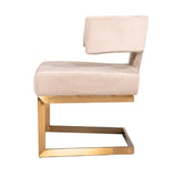 Benzara Fabric Upholstered Dining Chair with Brass Cantilever Base, Beige and Gold BM214764 Beige and Gold Metal and Fabric BM214764