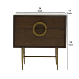 Benzara Wooden Nightstand with 2 Drawers and Brass Semi Circle Handles, Brown BM214767 Brown Solid Wood and Metal BM214767