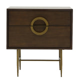 Benzara Wooden Nightstand with 2 Drawers and Brass Semi Circle Handles, Brown BM214767 Brown Solid Wood and Metal BM214767