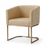 Fabric Upholstered Dining Chair with Round Cantilever Base, Beige and Gold