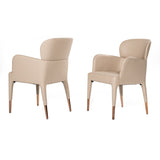 Wooden Dining Chair with Stitched Curved Backrest, Set of 2, Beige and Gold