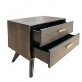 Benzara 2 Drawers Nightstand with Antique Brass Handles, Oak Brown BM214784 Brown Solid Wood and Veneer BM214784