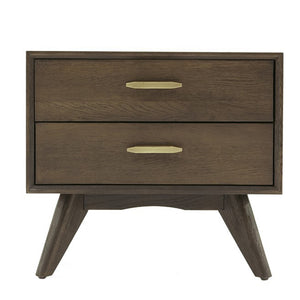 Benzara 2 Drawers Nightstand with Antique Brass Handles, Oak Brown BM214784 Brown Solid Wood and Veneer BM214784