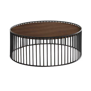 Benzara Round Wooden Coffee Table with Vertical Slatted Base, Brown and Black BM214790 Brown and Black Solid Wood, Veneer and Metal BM214790