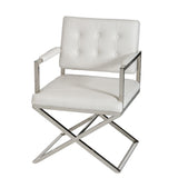 Leatherette Button Tufted Dining Chair with Crossed Legs, White and Silver