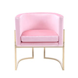 Benzara Fabric Upholstered Dining Chair with Round Cantilever Base, Pink and Gold BM214800 Pink and Gold Solid Wood, Metal and Fabric BM214800