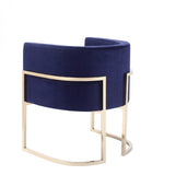 Benzara Fabric Upholstered Dining Chair with Round Cantilever Base, Blue and Gold BM214801 Blue and Gold Solid Wood, Metal and Fabric BM214801