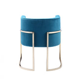 Benzara Wooden Dining Chair with Round Cantilever Base, Light Blue and Gold BM214802 Light Blue and Gold Solid Wood, Metal and Fabric BM214802