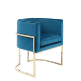 Benzara Wooden Dining Chair with Round Cantilever Base, Light Blue and Gold BM214802 Light Blue and Gold Solid Wood, Metal and Fabric BM214802