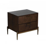 Benzara 2 Drawers Wooden Nightstand with Antique Brass Sleek Tapered Legs, Brown BM214805 Brown Solid Wood and Metal BM214805