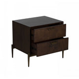 Benzara 2 Drawers Wooden Nightstand with Antique Brass Sleek Tapered Legs, Brown BM214805 Brown Solid Wood and Metal BM214805