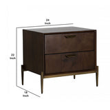 Benzara 2 Drawers Wooden Nightstand with Antique Brass Sleek Tapered Legs, Brown BM214805 Brown Solid Wood and Metal BM214805