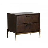2 Drawers Wooden Nightstand with Antique Brass Sleek Tapered Legs, Brown