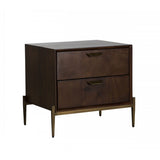 Benzara 2 Drawers Wooden Nightstand with Antique Brass Sleek Tapered Legs, Brown BM214805 Brown Solid Wood and Metal BM214805