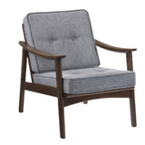 Button Tufted Wooden Lounge Chair with Sloped Arms, Gray and Brown