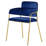 Fabric Upholstered Dining Chair with Curved Back, Set of 2, Blue and Gold