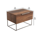 Benzara 1 Drawer Wooden Nightstand with Rectangular Steel Frame Support, Brown BM214819 Brown Solid Wood and Metal BM214819