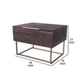 Benzara 1 Drawer Wooden Nightstand with Rectangular Steel Frame Support, Dark Brown BM214820 Brown Solid Wood and Metal BM214820