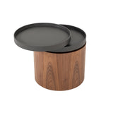 Benzara Cylindrical Wooden End Table with Swivel Tray Top, Brown and Black BM214822 Brown and Black Solid Wood, Veneer and Metal BM214822