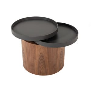 Benzara Cylindrical Wooden End Table with Swivel Tray Top, Brown and Black BM214822 Brown and Black Solid Wood, Veneer and Metal BM214822