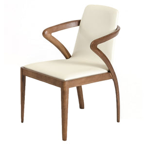 Benzara Leatherette Dining Chair with Curved Legs and Armrest, Cream and Brown BM214824 Cream and Brown Solid Wood and Faux Leather BM214824